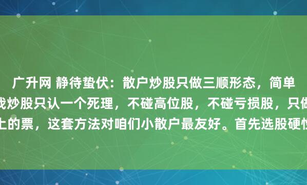 广升网 静待蛰伏：散户炒股只做三顺形态，简单执行就能避开大部分坑我炒股只认一个死理，不碰高位股，不碰亏损股，只做趋势同步向上的票，这套方法对咱们小散户最友好。首先选股硬性条件必须卡死，股价一定要处在月线...
